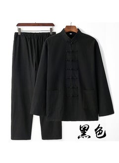 Buy Mens Cotton Linen Tang Suit Long Sleeve Traditional Chinese Outfit Black 2-Piece Set (only 9 pieces left) in UAE