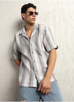 اشتري Cotton Relaxed Waffel Striped Half Sleeve Shirt في الامارات