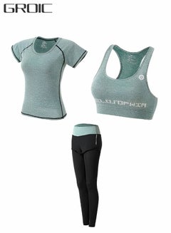 Buy Workout Outfits Women 3 Piece Crop Tops Sport Bra High Waist Double-Layered Leggings Quick-Dry Short Sleeves Sets for Outfits, Yoga, Running, Gym Green Size M in UAE