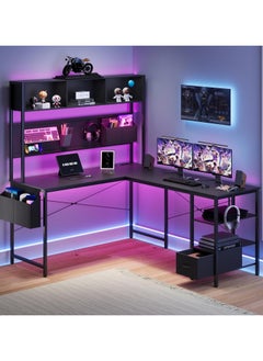 Buy LED Gaming Table, L Shaped Desk with Pegboard and Storage Space, Reversible Computer Desk with Sockets and USB, Office Corner Desk for Home Game in Saudi Arabia