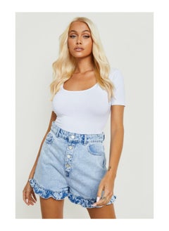 اشتري Frill Hem Exposed Button Denim Shorts في الامارات