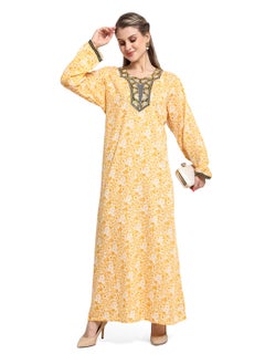 اشتري FRONT NECK EMBROIDERED AND FLORAL EMBROIDERED YELLOW COLOUR ARABIC KAFTAN JALABIYA DRESS في السعودية