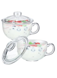 Buy 2 Pcs Soup Bowl and Glass Mugs with Lid and Small Handle 600 ml Mixing Cereal Oatmeal Microwave Safe Kitchen Accessories Liquid Milk Cups for Breakfast Coffee Ice Cream Snacks Salad Yogurt in Saudi Arabia