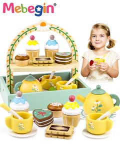 اشتري Wooden Tea Party Set for Little Girls, Toddler Tea Set Toys with Cupcake Stand & Play Food Kitchen Accessories, Wooden Pretend Play Toys for Toddlers 36 month or 3+ Years Old Birthday Gift في الامارات