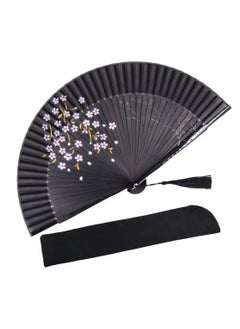 اشتري Hand Held Bamboo Silk Folding Fan Hand Fan, Chinese Japanese Charming Elegant Vintage Retro Style for Dancing Cosplay Wedding Party Props Decoration and Women Ladys Girls Best Gifts (Black, 8.27 Inch) في السعودية