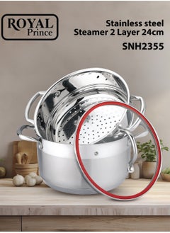 Buy Stainless Steel  Steamer 2 Layer 24cm, 3 Piece Set of 1 Piece of Casserole-Boiler 24cm, 1 Piece Steamer 24cm, 1 Piece Tempered Glass Lid, Silver SNH2355 in Saudi Arabia