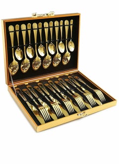 اشتري Gold Silverware Set, 24PCS Gold Forged Stainless Steel Flatware Set, Tableware Service for 4, Kitchen Utensil Set for Home, Restaurant, Dishwasher Safe, Western Cutlery Knife, Fork Spoon Gift Box Set في السعودية