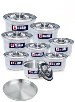 Buy A Set Of 8 Pots And A Shiny Aluminum Pizza Tray, Egyptian Industry, Size 16/18/20/22/24/26/28/30 Cm in Saudi Arabia