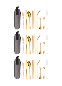 Buy 3X 9 Pieces Portable Stainless Steel Flatware Set, Reusable Travel Utensils Cutlery Set, Camping Tableware Dishwasher Safe with Case, Knife Fork Spoon Straws Chopsticks Cleaning Brush (Golden) in UAE