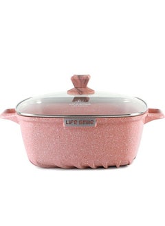 Buy 20cm (3 Litre) Square Cooking Pot Aluminum Stock Pot Non-Stick Granite Coating With Glass Lid  Pink in UAE