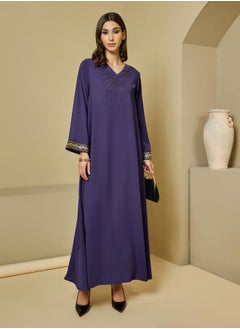 Buy Crepe Textured Embellished V Neck Jalabiya in Saudi Arabia