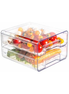 Buy Double layer plastic stackable refrigerator drawer storage box with transparent belt cover, food storage container with removable drain tray in UAE