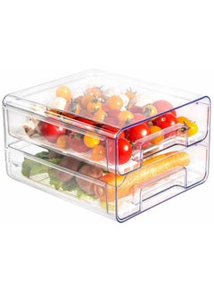 Buy Double layer plastic stackable refrigerator drawer storage box with transparent belt cover, food storage container with removable drain tray in UAE