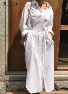 اشتري Women Elegant Casual Summer Spring Button Down Front Long Sleeve Maxi Dress Long Cardigan Cover Ups Shirt Dresses With Belt في السعودية