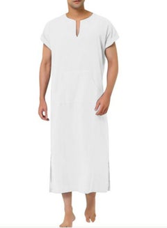 Buy Men's Muslim Solid Color Loose Robe Thobe Short Sleeve Side Split Kaftan White in UAE