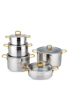 Buy President Series Premium 18/10 Stainless Steel Cookware Set - Pots and Pans Set Induction 3-Ply Thick Base for Even Heating Includes Casserroles 20/24/28/32cm + Shallow Pot 28cm Oven Safe Silver Gold in UAE