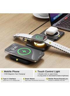 Buy Foldable Wireless Charger for iPhone 15/14/13/12/11 Series, Magnetic Wireless Charging Station, Travel Wireless Fast Charging Pad for Airpods 3/2/Pro, iWatch (3 in 1, Black) in Saudi Arabia