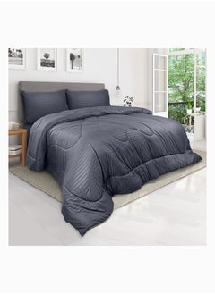 اشتري Down Alternative Comforter  Set -Ultra Soft Brushed Stripe Microfiber Fabric, 200GSM Soft Fibersheet Filling, Size : Double  220 x 240cm , Color: Dark Blue في الامارات