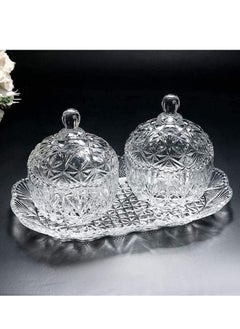 Buy 2 Pcs Crystal Glass Candy Jar with Serving Tray | Tent Shaped Crystal Glass Sugar Bowl Jars | Candy Dish Bowl with Lid | Candy Jars | Candy and Nuts Storage Bowls Sett in UAE