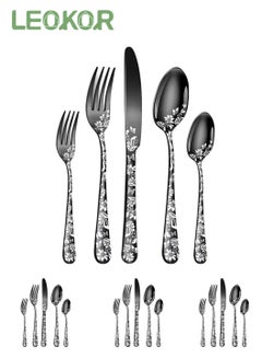 اشتري 20pcs Flatware Kit Stainless Steel Kitchen Utensils Set Mirror Polished Tableware for 4 Persons Black في السعودية