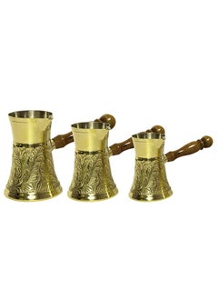 Buy Majestic Brass Turkish Coffee Pot Set of 3 – Golden Color, Embossed Design, Capacities: 160 ml, 200 ml, 280 ml – Handcrafted with Wooden Handle, Perfect for Turkish Coffee, Arabic Coffee, Tea, Milk, and Hot Beverages in UAE