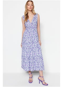 Buy Purple Floral Print V-Neck Sleeveless A-Line Maxi Knit Dress TWOSS22EL1588 in Egypt