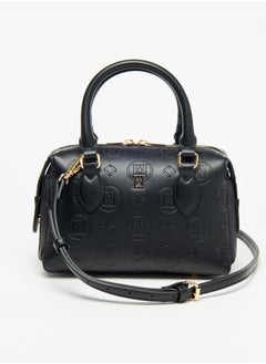 Buy Women Monogram Embossed Bowler Bag with Zip Closure and Double Handles in UAE