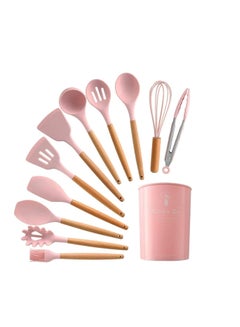 Buy 11 Pcs Silicone Nonstick Utensils with Bamboo Wood Handle kitchen utensils Cooking Spatula Set, Non Toxic Turner Tongs Spatula Spoon Set Pink in UAE