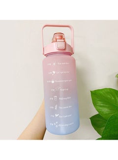 Buy 2L large capacity water bottle with bounce cap and time mark reminder cream cup, used for outdoor sports, fitness, pink/blue in Saudi Arabia