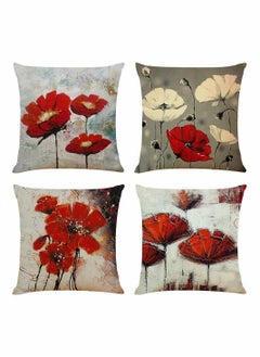 اشتري Throw Pillow Covers, 4 Pack Red Flower Cushion Covers 18x18 inches Boho Linen Square Throw Pillow Cases for Living Room Sofa Couch Bed Decorative Pillowcases في الامارات