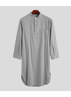 Buy Fashion Muslim Men's Robe Long Sleeve Button Solid Color Printed Shirt in Saudi Arabia