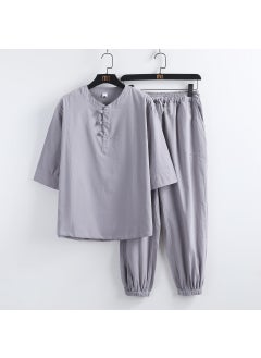 Buy Summer Linen Mandarin Collar Mens Suit Grey in UAE