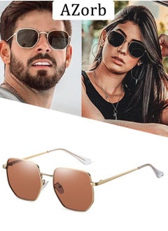 Buy Polarized Sunglasses Men Women Hexagonal Large Metal Frame Men's Sun Glassess Polygonal Mens Sunglass for Ladies Classic Square Eyewear Trendy UV400 Protection Shades Brown in Saudi Arabia