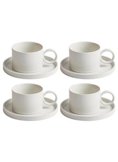 Buy Set of 4 Elegant Cup and Saucer Set with Round Handle for Efficient Storage, Premium Minimalist Design for a Complete Beverage Experience in UAE