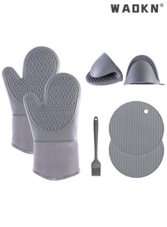 Buy Extra Long Oven Mitts and Pot Holders 7Pcs Sets, Heat Resistant 500℉ Non-Slip Silicone Oven Mittens Quilted Liner with Mini Oven Gloves and Hot Pads Potholders for BBQ Kitchen Baking Cooking (Grey) in UAE