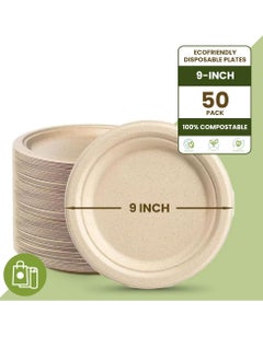 Buy Ecoway [9 Inch - Pack Of 50] Disposable Plates Made With Bagasse Sugar Canes Microwave & Freeze Safe, Compostable & Biodegradable Dinner Plates, Everyday Tableware Strong & Large Brown in UAE