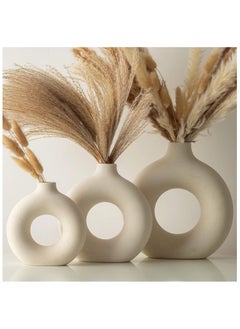 Buy Beige Ceramic Vases for Home Decor Set of 3 -Modern Donut Vase Circle Round for Pampas Grass Artificial Flowers, Boho Decor Living Room Table Centerpieces Dining Bedroom Shelf Farmhouse Decorations in Egypt