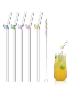 Buy Reusable Straws Clear Glass Straws Colorful Butterfly Design Size 7.8" x 8mm with 1 Cleaning Brush for Smoothies, Milkshakes, Juices, Teas (5 Pcs Colorful Butterfly) in UAE