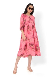 Buy SHORT PINK COLOUR HIGH QUALITY FLORAL PRINTED WITH FRONT BUTTONED STYLED ARABIC KAFTAN JALABIYA DRESS in UAE