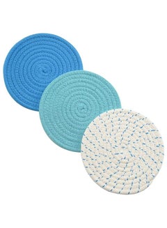 Buy Kitchen Pot Holders Set 100% Pure Cotton Thread Weave Stylish Coasters, Hot Pads, Mats, Spoon Rest For Cooking and Baking by Diameter 7 Inches Blue 3 PCS in Saudi Arabia