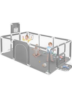 اشتري Baby Playpen,71 Inch Extra Large Baby Playard With Basketball Hoop and Breathable Mesh,Children Kids Play Fence for Indoors Outdoors, Grey في السعودية