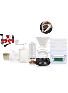 Buy V60 drip coffee maker set white Suitable It consists of a scale barista's kit glass server drip jug coffee filter coffee grinder drip funnel thermometer in Saudi Arabia