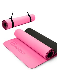 اشتري 8MM Yoga Mat with Carrying Strap Anti-Slip for Home Workout Exercises Meditation Eco Friendly, Non Skid TPE Yoga Mattres for Pilates 183x61x0.8cm Thick, Pink/Black Color في الامارات