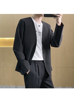 Buy Mens Casual Blazer Spring Summer No-collar Black Button Trendy SuitBlack Black in Saudi Arabia