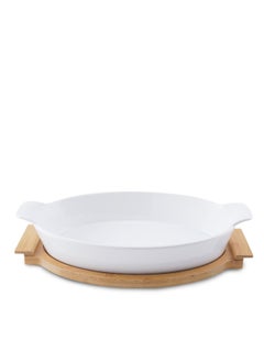 اشتري Natura Oval Baking Dish With Bamboo Base 800ml- White في الامارات