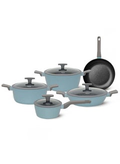 Buy Velia 9-Piece Cookware Set -2.8Mm Forged Aluminum With Non Stick Coating Cooking Pots And Pans With Cover For Kitchen & Dining Room L63Xw37Xh22.5Cm  Blue in UAE