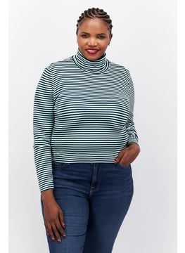 اشتري Women Plus Size Turtle Neck Long Sleeves Strip Blouse, Green/Whtie في الامارات