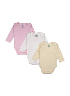 Buy BabiesBasic 100% Super Soft Cotton, Long Sleeves Romper/Bodysuit, for New Born to 24months. Set of 3 - Pink, Lemon, Cream in UAE