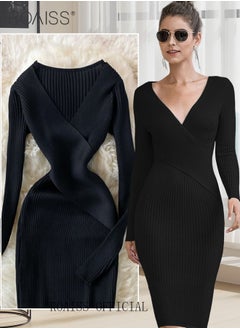 Buy Women Knitted Long Sleeved Dress V Neck Design, Slim Waist, Women Retro-Style Long Dress, Solid Color Design, Comfortable And Skin Friendly Fabric in UAE