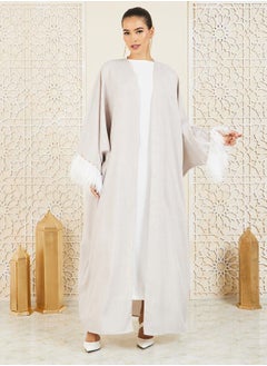 Buy Faux Feather Pearl Trim Textured Abaya in Saudi Arabia